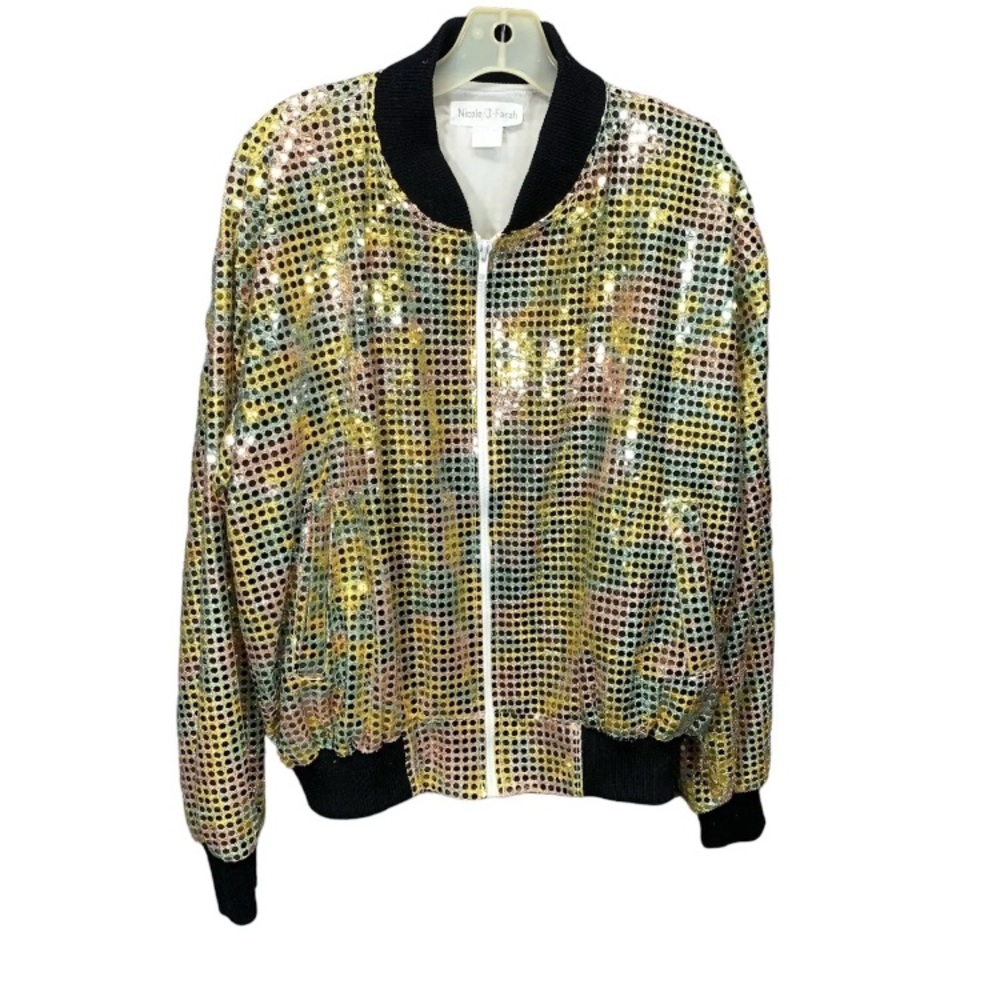 NICOLE J-FARAH Bomber Jacket Vintage 1980's Black Gold Pink sequin Size Med